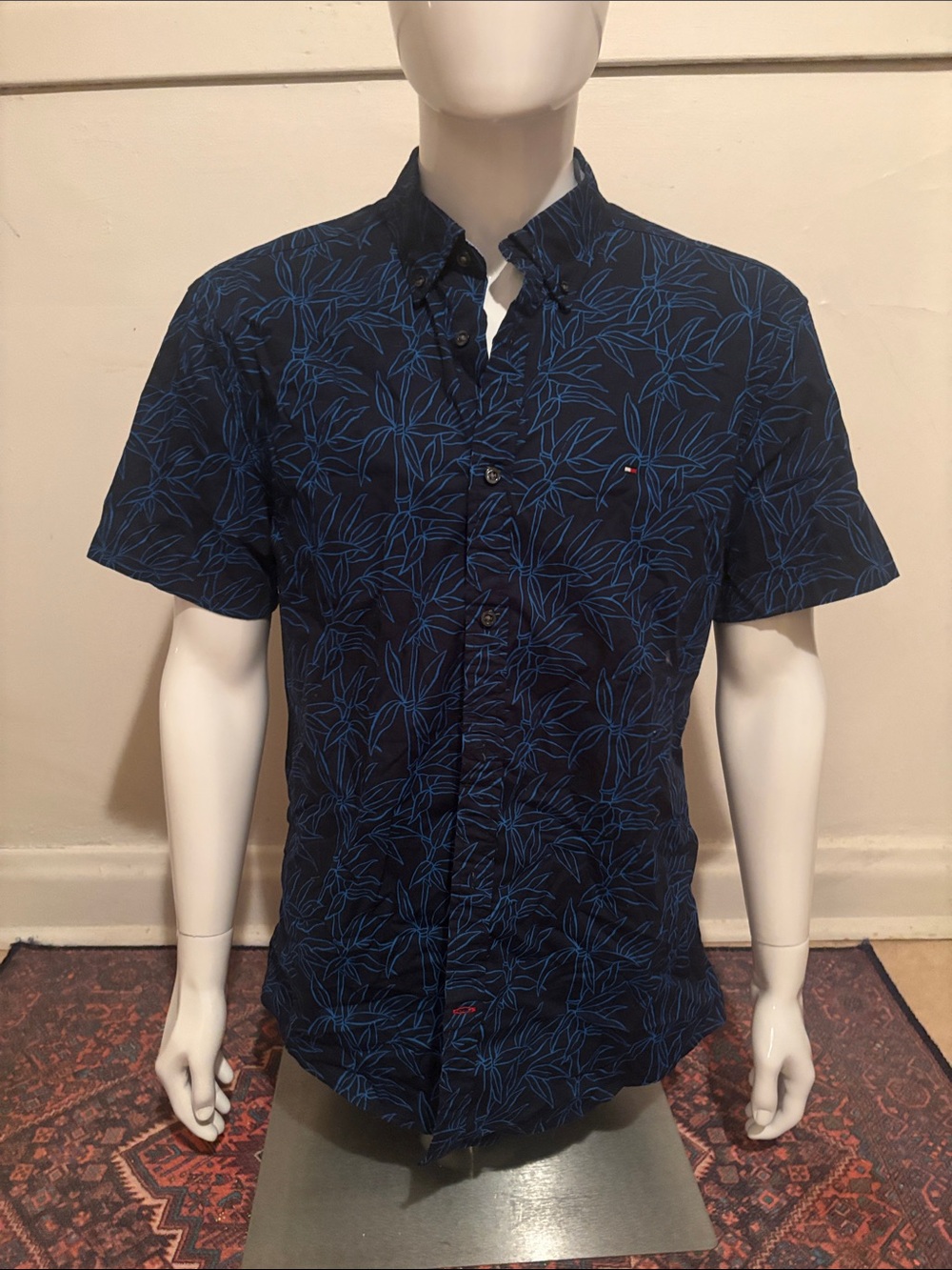 Tommy Hilfiger Navy Short-Sleeve Button-Down with Blue Leaf Design